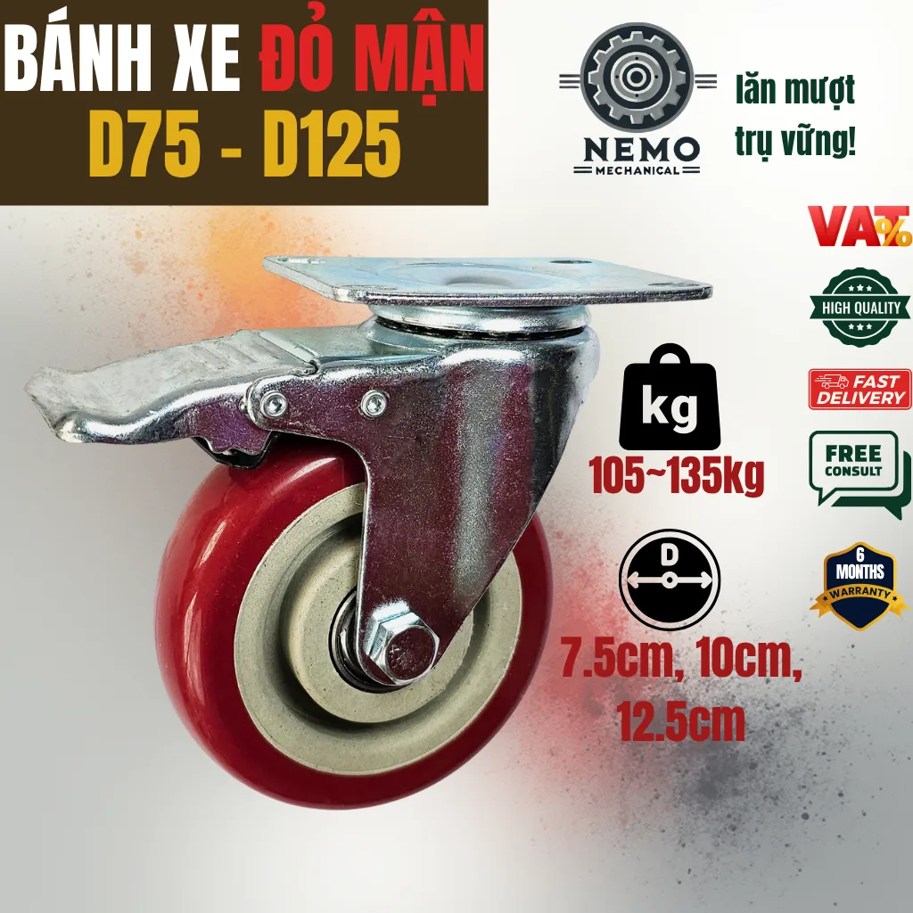 Bánh xe PVC đỏ mận mặt bích, có bạc đạn - Cơ Khí Nemo