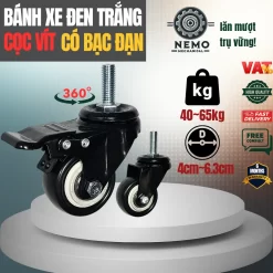 Bánh xe PVC đen trắng cọc vít, có bạc đạn - Cơ Khí Nemo