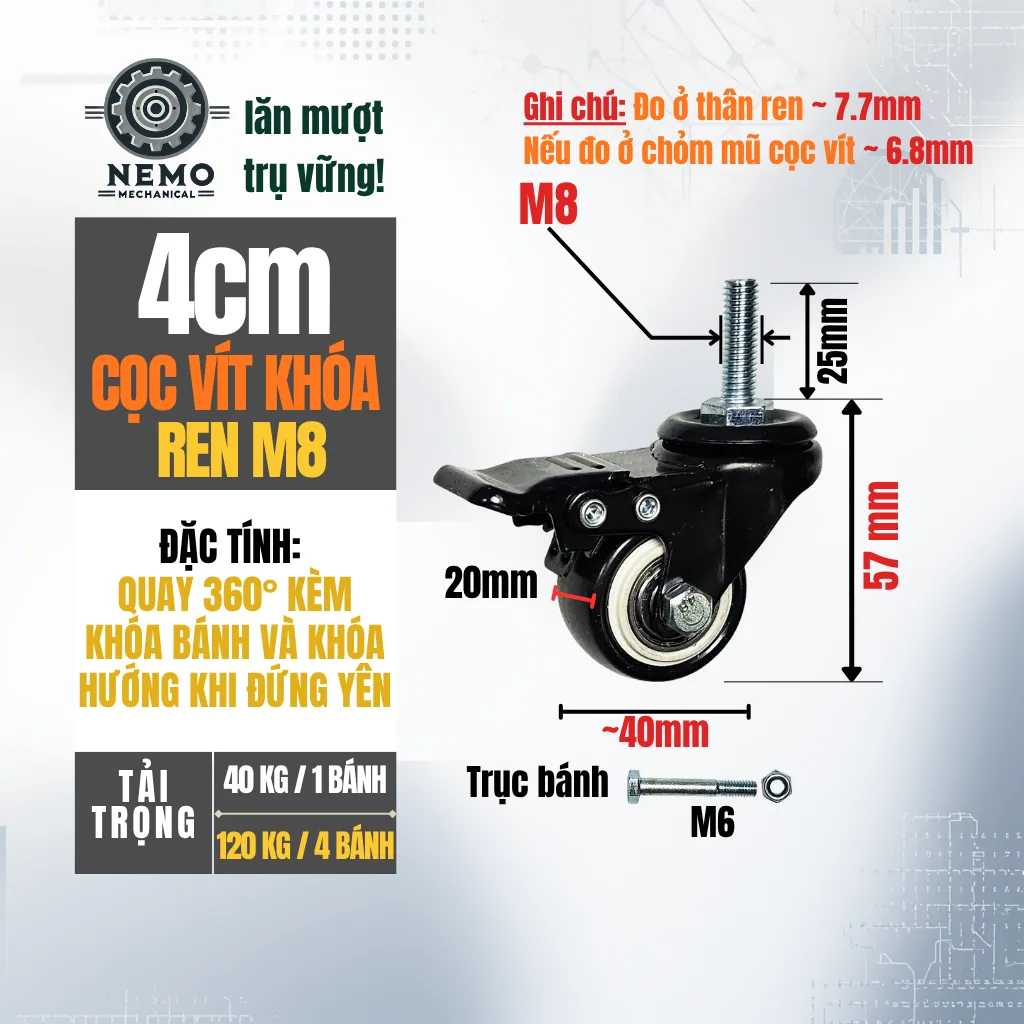 Bánh xe PVC đen trắng cọc vít, có bạc đạn banh xe den trang coc vit 4cm - Cơ Khí Nemo (chi tiết 2)