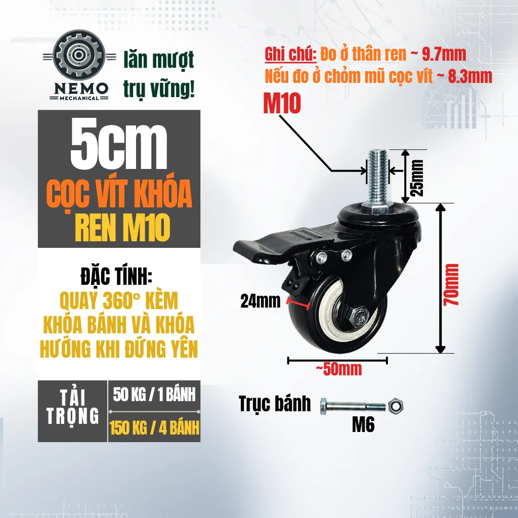 Bánh xe PVC đen trắng cọc vít, có bạc đạn banh xe den trang coc vit 5cm - Cơ Khí Nemo (chi tiết 2)