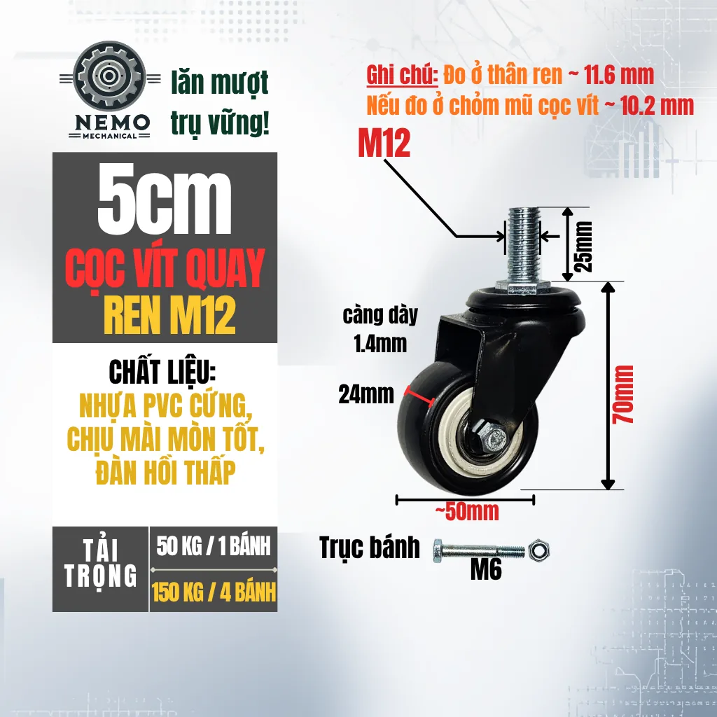 Bánh xe PVC đen trắng cọc vít, có bạc đạn banh xe den trang coc vit 5cm - Cơ Khí Nemo (chi tiết 3)