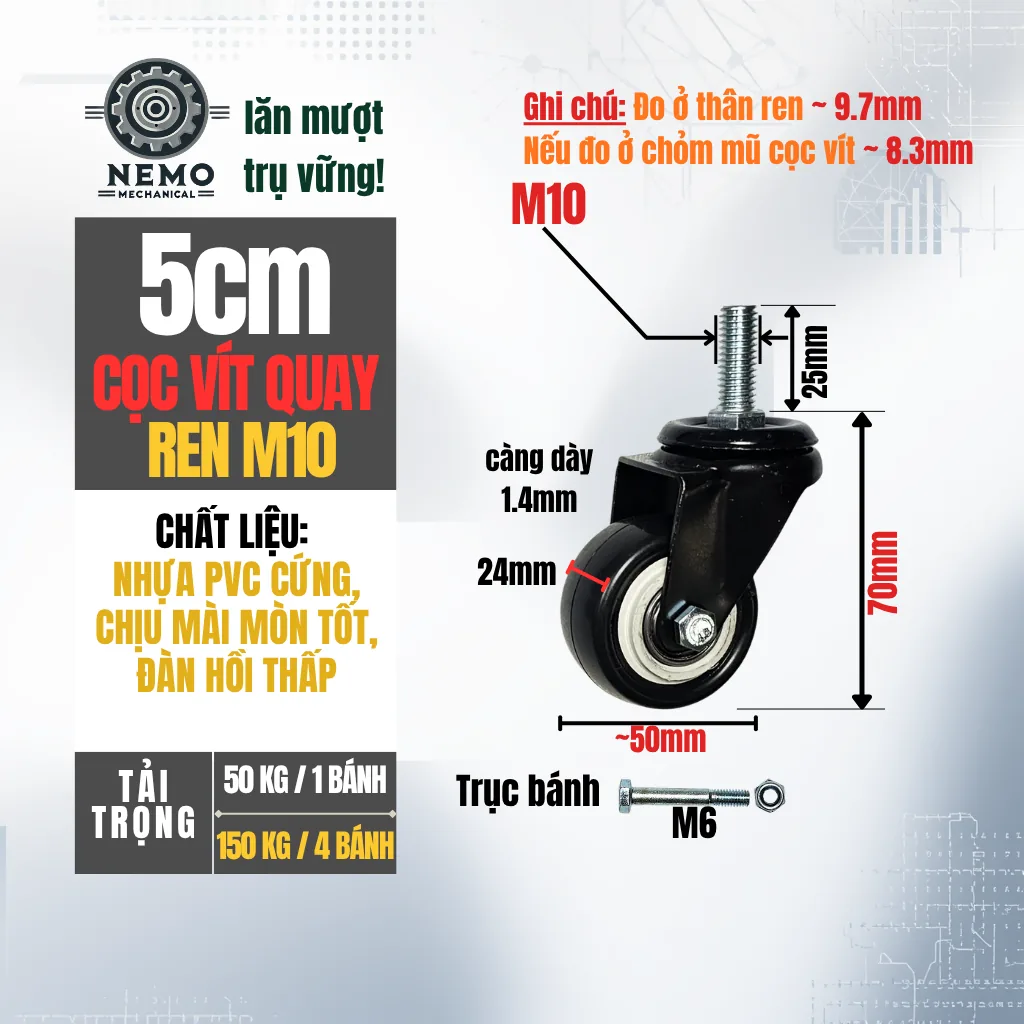 Bánh xe PVC đen trắng cọc vít, có bạc đạn banh xe den trang coc vit 5cm - Cơ Khí Nemo