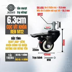 Bánh xe PVC đen trắng cọc vít, có bạc đạn banh xe den trang coc vit 6.3cm - Cơ Khí Nemo (chi tiết 2)