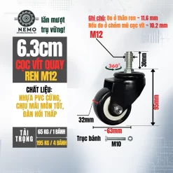 Bánh xe PVC đen trắng cọc vít, có bạc đạn banh xe den trang coc vit 6.3cm - Cơ Khí Nemo