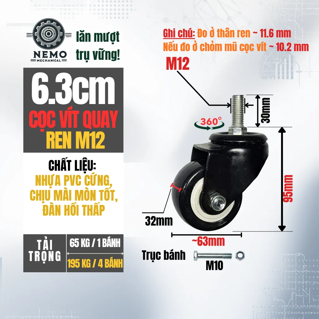 Bánh xe PVC đen trắng cọc vít, có bạc đạn banh xe den trang coc vit 6.3cm - Cơ Khí Nemo