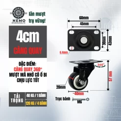 Bánh xe PVC đen trắng mặt bích, có bạc đạn banh xe den trang mat bich 4cm - Cơ Khí Nemo (chi tiết 2)
