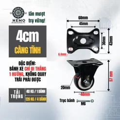Bánh xe PVC đen trắng mặt bích, có bạc đạn banh xe den trang mat bich 4cm - Cơ Khí Nemo