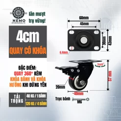 Bánh xe PVC đen trắng mặt bích, có bạc đạn banh xe den trang mat bich 4cm - Cơ Khí Nemo (chi tiết 3)