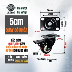 Bánh xe PVC đen trắng mặt bích, có bạc đạn banh xe den trang mat bich 5cm - Cơ Khí Nemo (chi tiết 3)