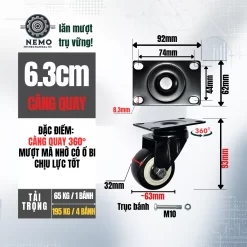 Bánh xe PVC đen trắng mặt bích, có bạc đạn banh xe den trang mat bich 6.3cm - Cơ Khí Nemo (chi tiết 2)