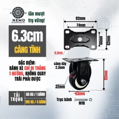 Bánh xe PVC đen trắng mặt bích, có bạc đạn banh xe den trang mat bich 6.3cm - Cơ Khí Nemo