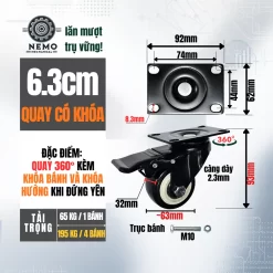 Bánh xe PVC đen trắng mặt bích, có bạc đạn banh xe den trang mat bich 6.3cm - Cơ Khí Nemo (chi tiết 3)
