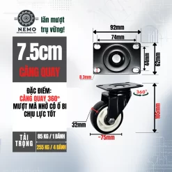 Bánh xe PVC đen trắng mặt bích, có bạc đạn banh xe den trang mat bich 7.5cm - Cơ Khí Nemo (chi tiết 2)