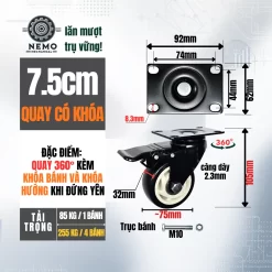 Bánh xe PVC đen trắng mặt bích, có bạc đạn banh xe den trang mat bich 7.5cm - Cơ Khí Nemo (chi tiết 3)
