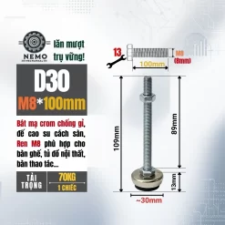 Chân Tăng Chỉnh Bát Thép Mạ Crom (M8, M10, M12) chan tang chinh ma crom d30m8l100 - Cơ Khí Nemo