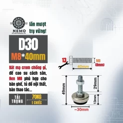 Chân Tăng Chỉnh Bát Thép Mạ Crom (M8, M10, M12) chan tang chinh ma crom d30m8l40 - Cơ Khí Nemo