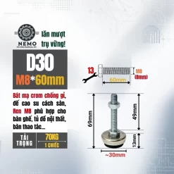 Chân Tăng Chỉnh Bát Thép Mạ Crom (M8, M10, M12) chan tang chinh ma crom d30m8l60 - Cơ Khí Nemo