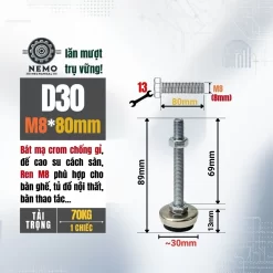 Chân Tăng Chỉnh Bát Thép Mạ Crom (M8, M10, M12) chan tang chinh ma crom d30m8l80 - Cơ Khí Nemo