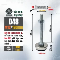 Chân Tăng Chỉnh Bát Thép Mạ Crom (M8, M10, M12) chan tang chinh ma crom d48m12l120 - Cơ Khí Nemo