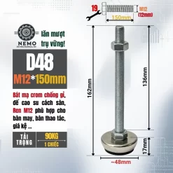 Chân Tăng Chỉnh Bát Thép Mạ Crom (M8, M10, M12) chan tang chinh ma crom d48m12l150 - Cơ Khí Nemo