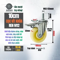 Bánh xe Nylon tải nhẹ cọc vít banh xe nylon coc vit khoa 10cm - Cơ Khí Nemo