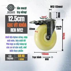 Bánh xe Nylon tải nhẹ cọc vít banh xe nylon coc vit khoa 12.5cm - Cơ Khí Nemo