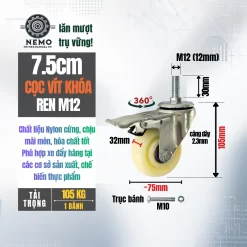 Bánh xe Nylon tải nhẹ cọc vít banh xe nylon coc vit khoa 7.5cm - Cơ Khí Nemo
