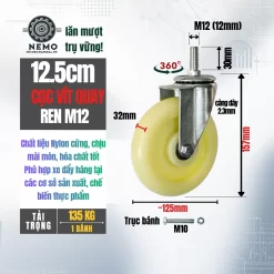 Bánh xe Nylon tải nhẹ cọc vít banh xe nylon coc vit quay 12.5cm - Cơ Khí Nemo