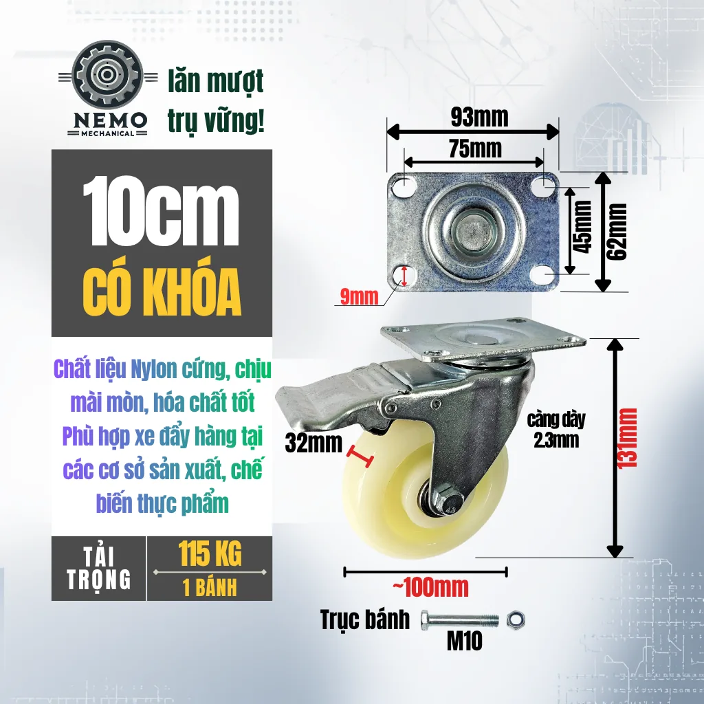 Bánh xe Nylon tải nhẹ mặt bích banh xe nylon 10cm khoa - Cơ Khí Nemo