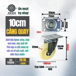 Bánh xe Nylon tải nhẹ mặt bích banh xe nylon 10cm quay - Cơ Khí Nemo