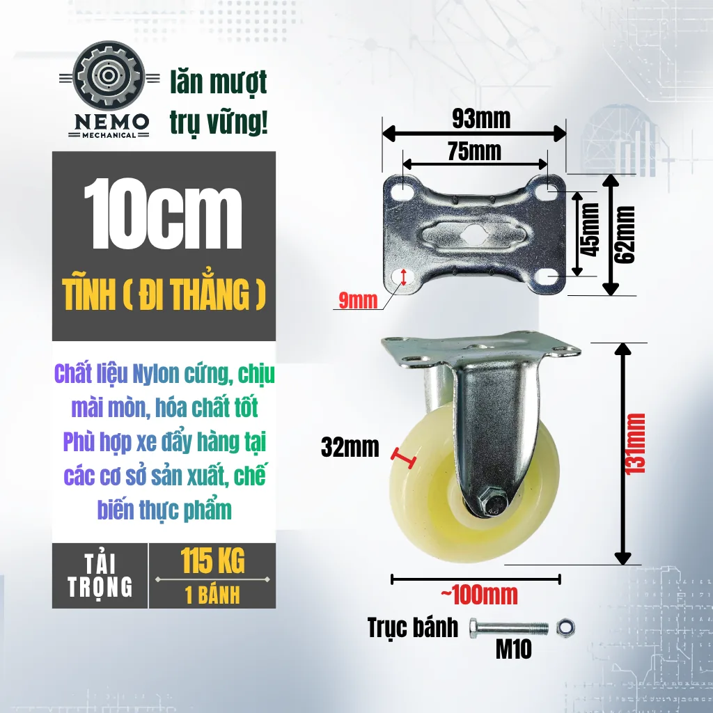 Bánh xe Nylon tải nhẹ mặt bích banh xe nylon 10cm tinh - Cơ Khí Nemo