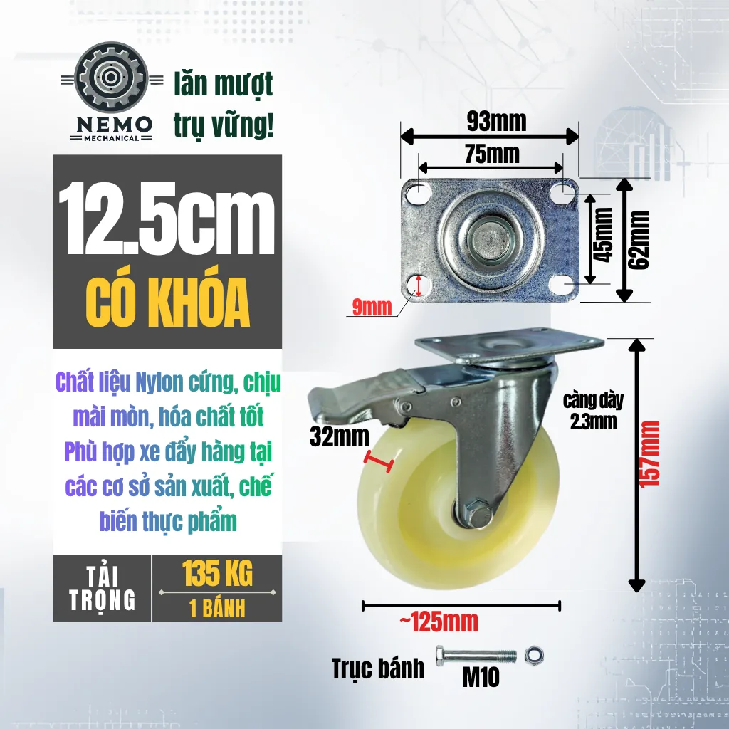 Bánh xe Nylon tải nhẹ mặt bích banh xe nylon 12.5cm khoa - Cơ Khí Nemo