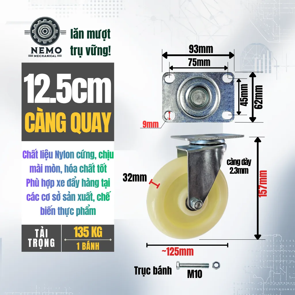 Bánh xe Nylon tải nhẹ mặt bích banh xe nylon 12.5cm quay - Cơ Khí Nemo