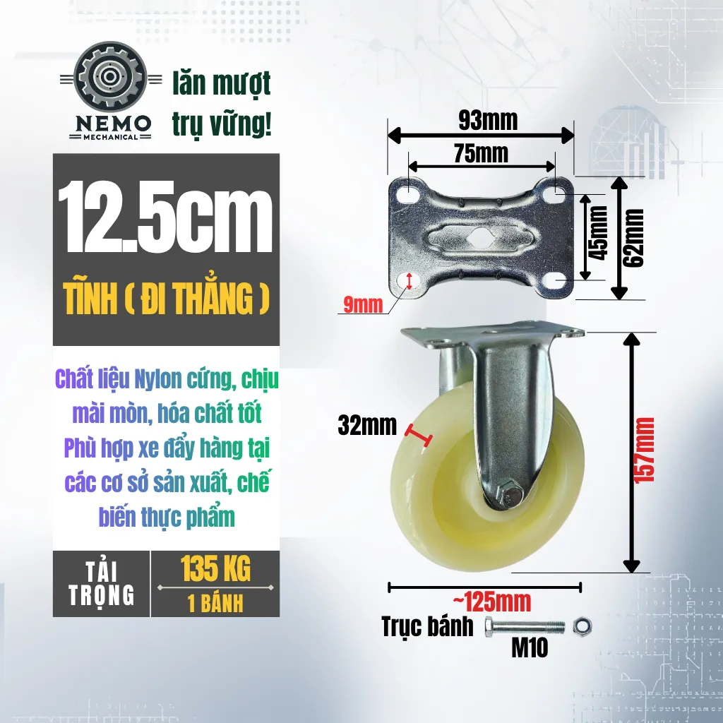 Bánh xe Nylon tải nhẹ mặt bích banh xe nylon 12.5cm tinh - Cơ Khí Nemo