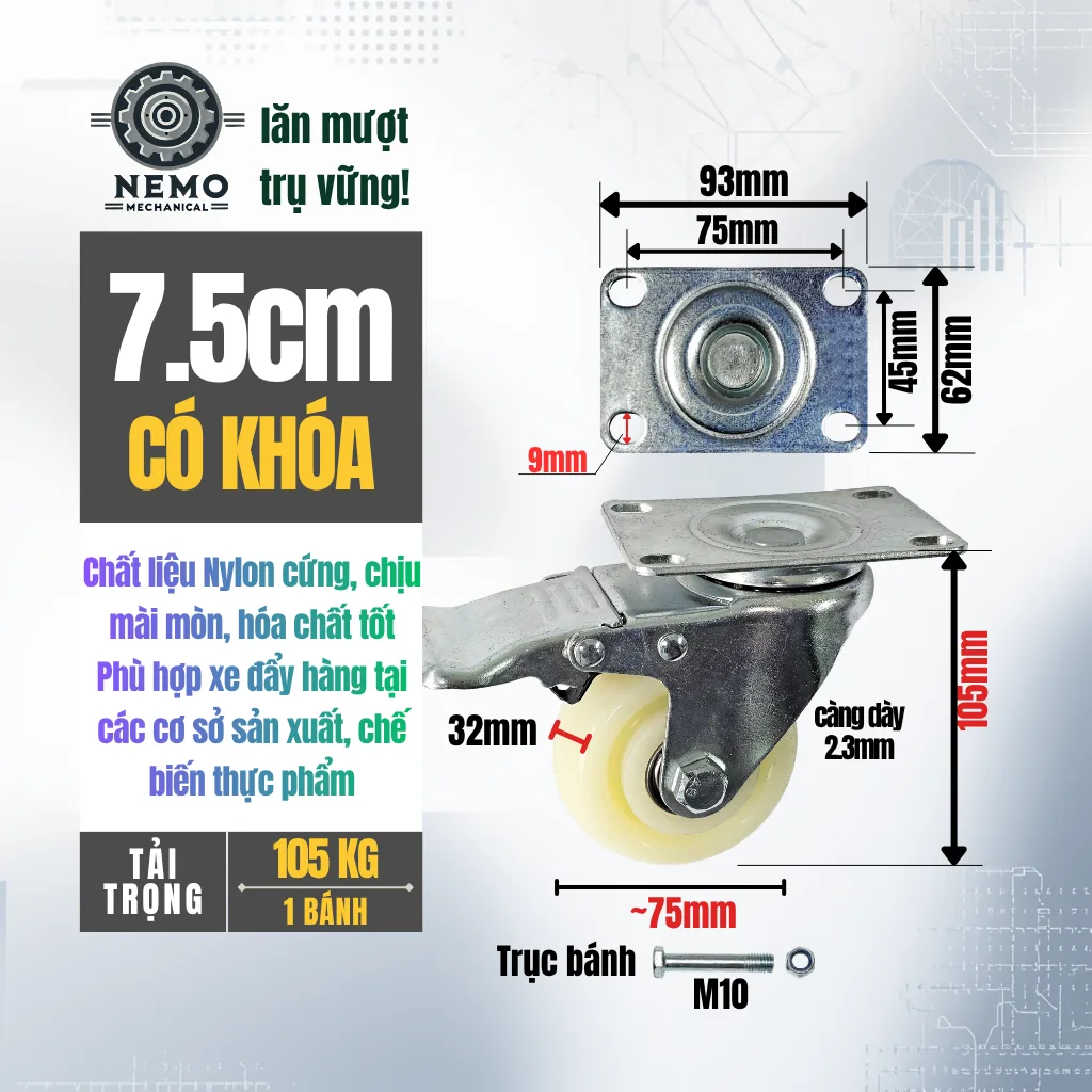 Bánh xe Nylon tải nhẹ mặt bích banh xe nylon 7.5cm khoa - Cơ Khí Nemo