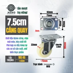 Bánh xe Nylon tải nhẹ mặt bích banh xe nylon 7.5cm quay - Cơ Khí Nemo