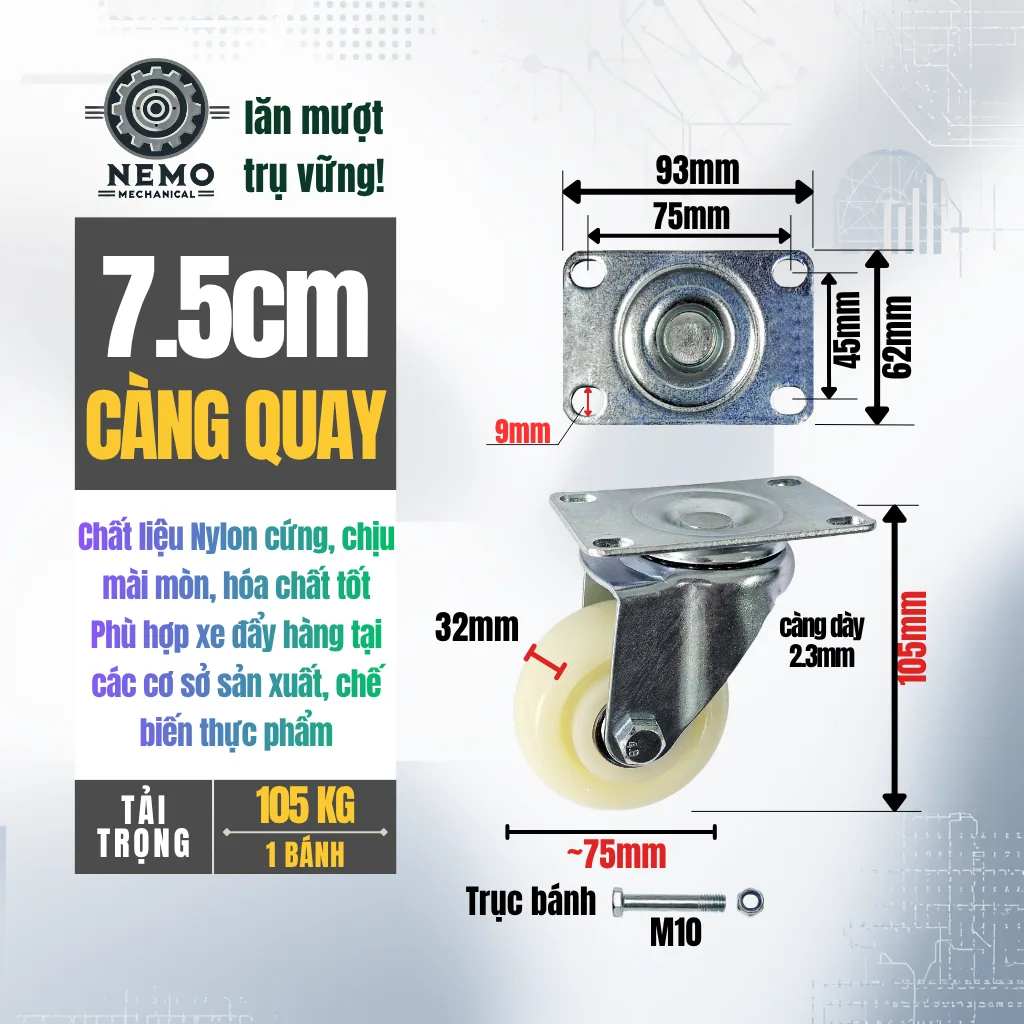 Bánh xe Nylon tải nhẹ mặt bích banh xe nylon 7.5cm quay - Cơ Khí Nemo