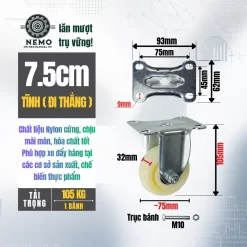 Bánh xe Nylon tải nhẹ mặt bích banh xe nylon 7.5cm tinh - Cơ Khí Nemo