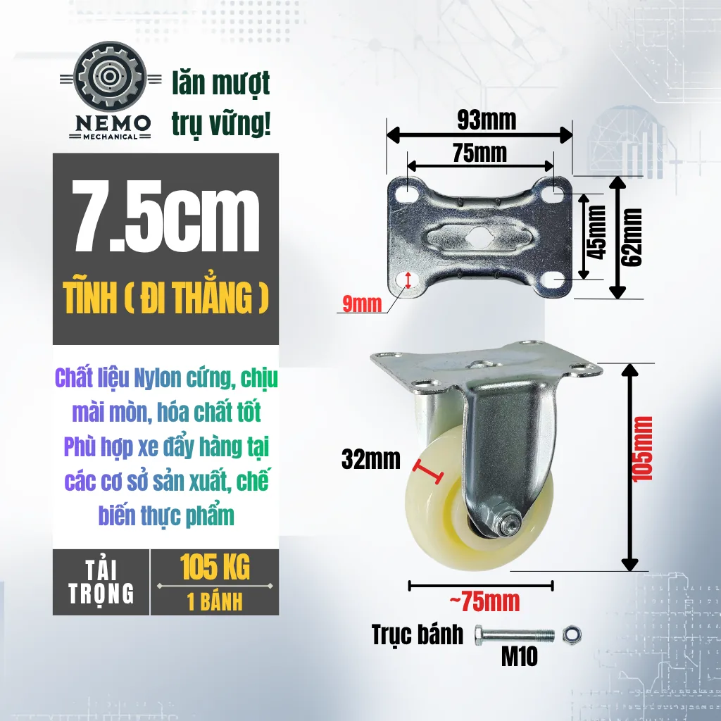 Bánh xe Nylon tải nhẹ mặt bích banh xe nylon 7.5cm tinh - Cơ Khí Nemo