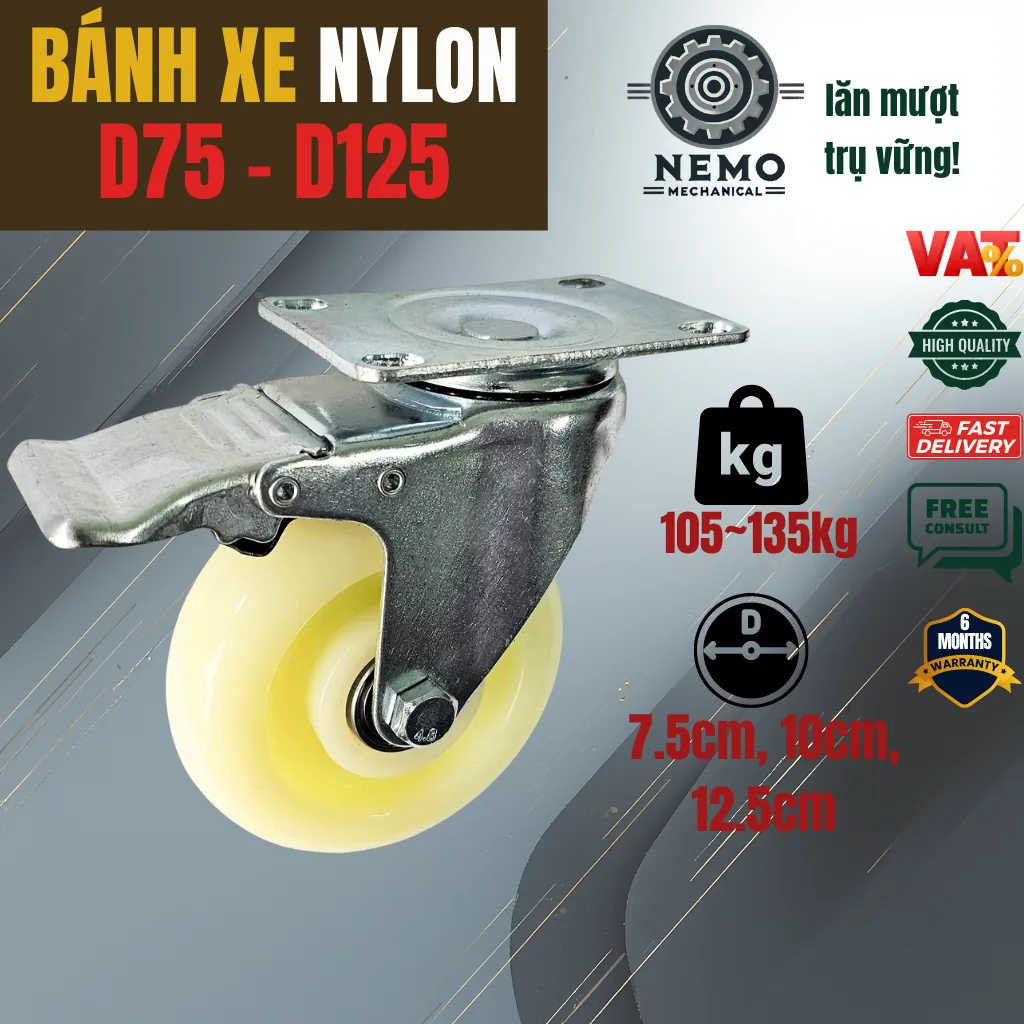 Bánh xe Nylon tải nhẹ mặt bích - Cơ Khí Nemo