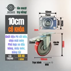 Bánh xe PU cốt sắt tải nhẹ banh xe pu cot sat tai nhe 10cm khoa - Cơ Khí Nemo