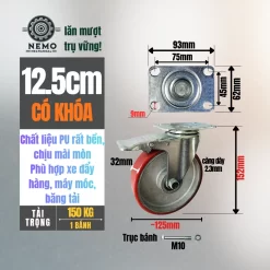 Bánh xe PU cốt sắt tải nhẹ banh xe pu cot sat tai nhe 12.5cm khoa - Cơ Khí Nemo