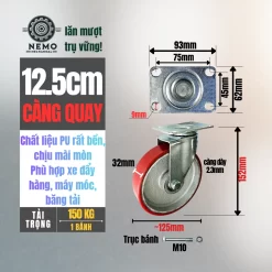 Bánh xe PU cốt sắt tải nhẹ banh xe pu cot sat tai nhe 12.5cm quay - Cơ Khí Nemo