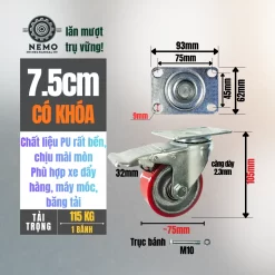 Bánh xe PU cốt sắt tải nhẹ banh xe pu cot sat tai nhe 7.5cm khoa - Cơ Khí Nemo
