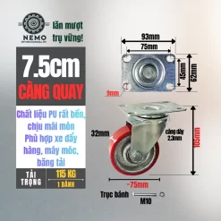 Bánh xe PU cốt sắt tải nhẹ banh xe pu cot sat tai nhe 7.5cm quay - Cơ Khí Nemo