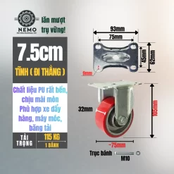 Bánh xe PU cốt sắt tải nhẹ banh xe pu cot sat tai nhe 7.5cm tinh - Cơ Khí Nemo