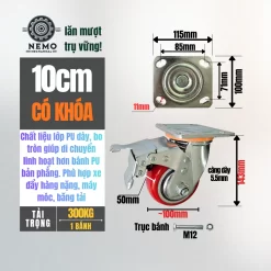 Bánh xe PU Hàn Quốc lõi gang, tải nặng banh xe pu bo tron tai nang 10cm khoa - Cơ Khí Nemo