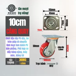 Bánh xe PU Hàn Quốc lõi gang, tải nặng banh xe pu bo tron tai nang 10cm quay - Cơ Khí Nemo
