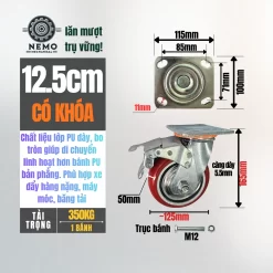 Bánh xe PU Hàn Quốc lõi gang, tải nặng banh xe pu bo tron tai nang 12.5cm khoa - Cơ Khí Nemo