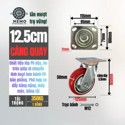 Bánh xe PU Hàn Quốc lõi gang, tải nặng banh xe pu bo tron tai nang 12.5cm quay - Cơ Khí Nemo